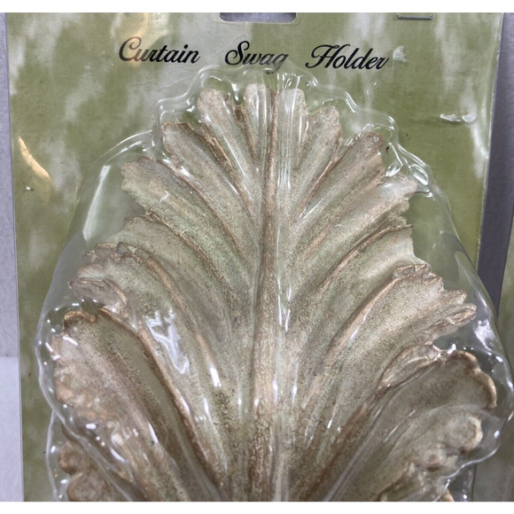 Two Light Green Gold Rod Swag Curtain Holders Scarf Corbels Leaf Design Decor - Picture 3 of 11